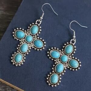Turquoise Cross Earrings Victorian Western Women's Valentine's Birthday Gift NEW